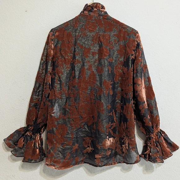 Rich Radi Q's Glittery Silk Burnout Velvet Blouse - Star Queen Brown Size XSmall - Picture 7 of 11